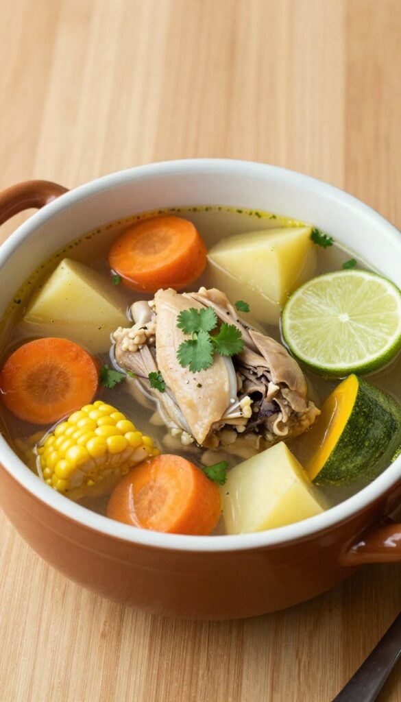 A bowl of Mexican Caldo de Pollo chicken lime soup with vegetables, chicken, cilantro, and lime, served in a rustic setting.