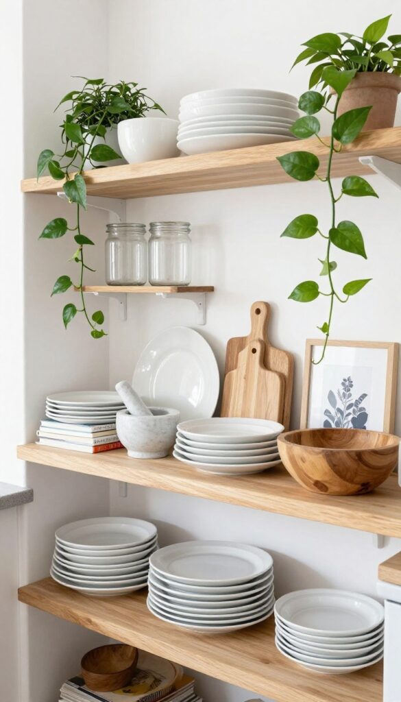 A curated open shelving display in a kitchen with floating wood shelves featuring white ceramics, wooden cutting boards, clear glass jars, porcelain plates, wooden bowls, trailing plants, cookbooks, a marble mortar and pestle, and framed art in bright natural light.
