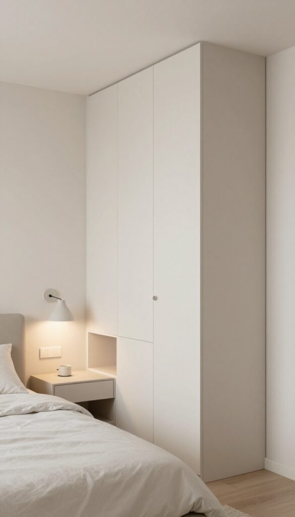 A small bedroom demonstrating effective lighting with three layers: ambient ceiling light, task sconces for reading, and accent mood lighting from a lamp and LED strip.