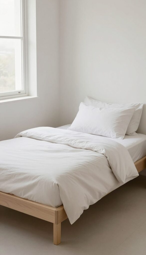 A small bedroom featuring a low-profile platform bed without a footboard and minimal bedding to create an open and airy space.