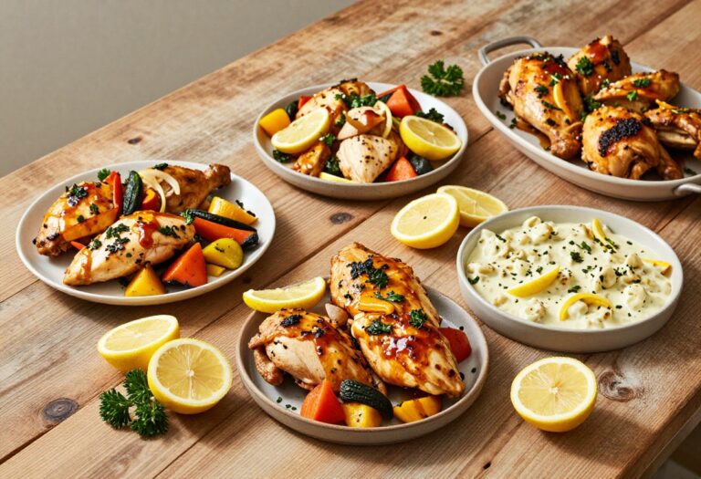 Assortment of easy chicken breast recipes including lemon herb baked chicken, honey mustard chicken with vegetables, and creamy garlic parmesan chicken, arranged on a wooden table with fresh garnishes.