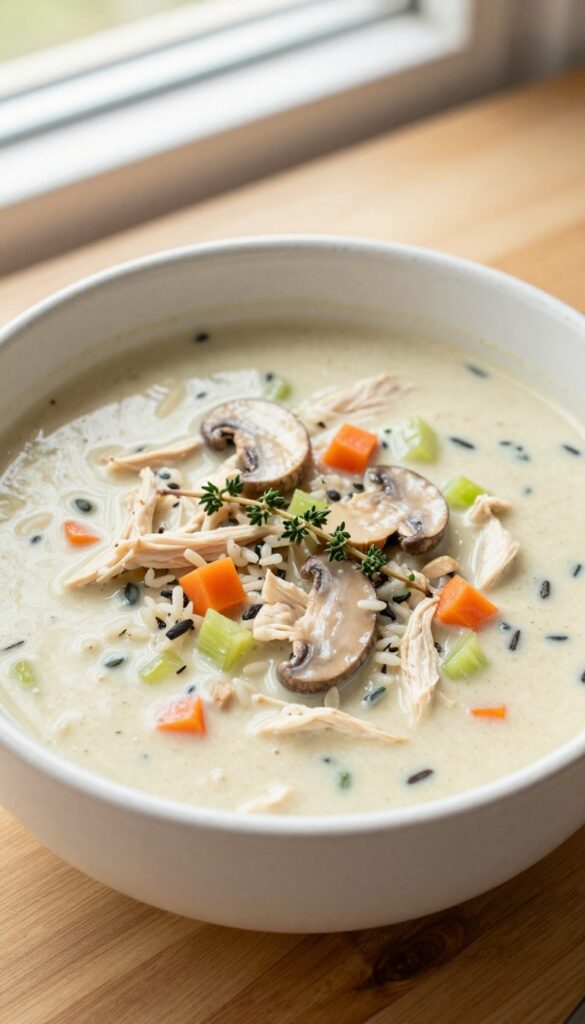 A bowl of creamy chicken and wild rice soup with shredded chicken, wild rice, carrots, celery, and mushrooms in a thick broth, garnished with thyme, on a wooden table in natural light.