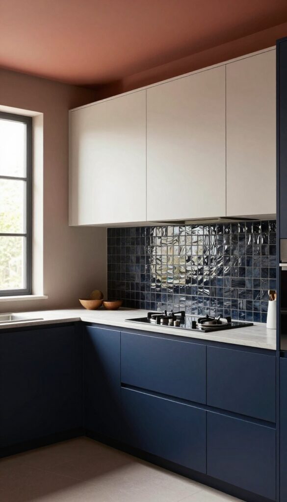 A kitchen with two-tone navy and light neutral cabinets, dark glossy backsplash, and terra cotta painted ceiling in natural light.