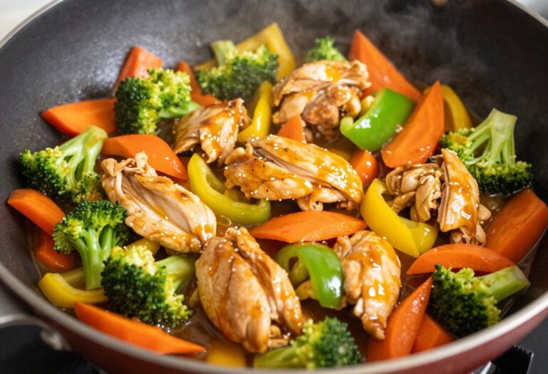 A close-up view of easy diced chicken breast stir fry with colorful vegetables in a wok, showcasing a quick and flavorful meal.