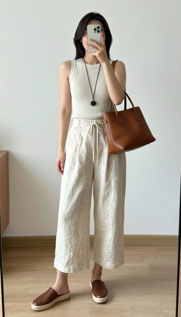 A woman wearing pull-on linen trousers and a fitted ribbed sleeveless top, accessorized with a long pendant necklace and leather tote bag, in a casual summer setting.