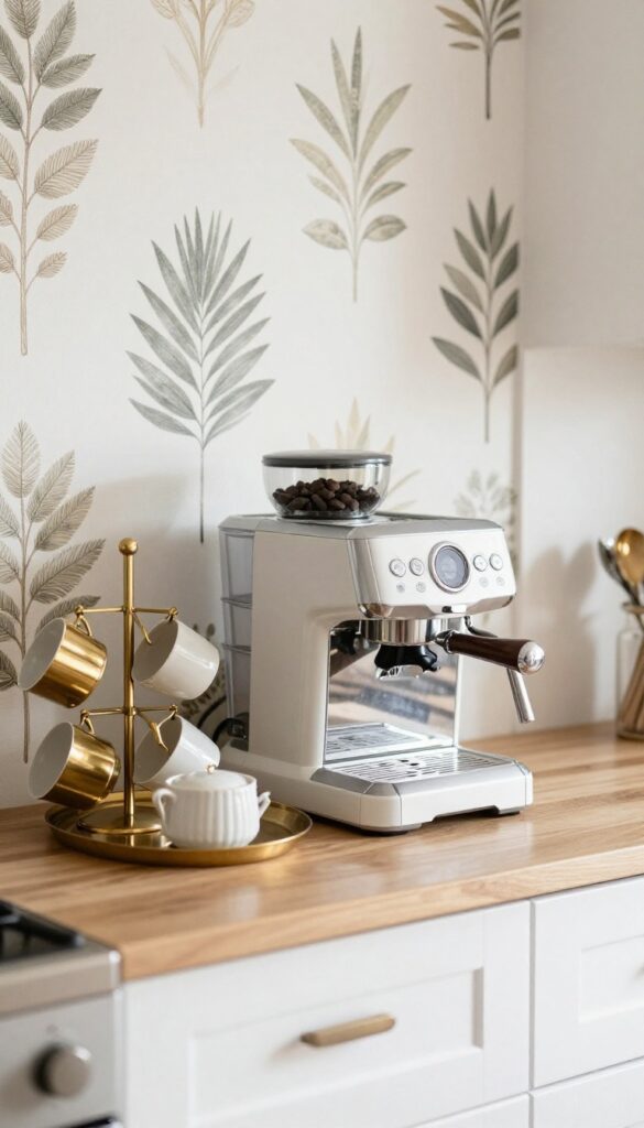 A dedicated coffee or wine station in a kitchen, with an espresso machine on a tray, a sugar bowl, spoons in a jar, a brass mug tree with cups, and bold wallpaper backdrop, styled for a clutter-free and boutique-hotel inspired look.