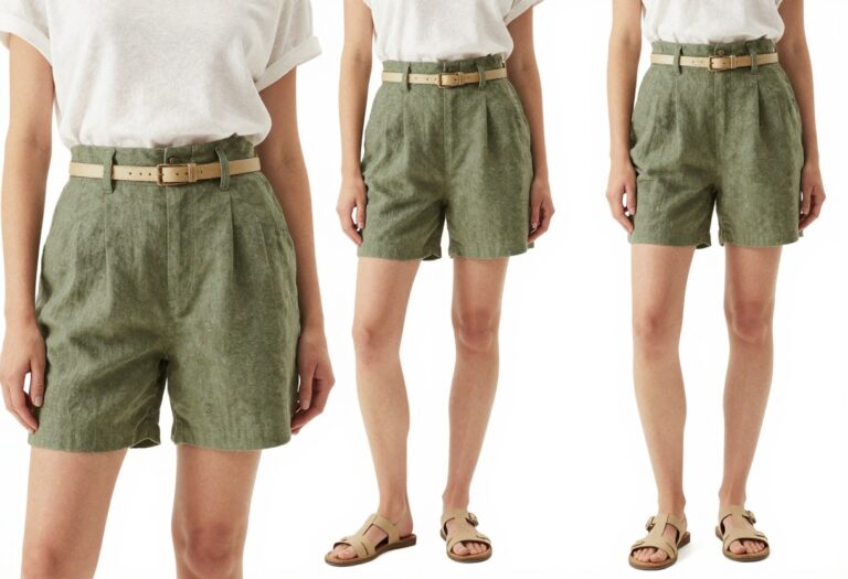 A woman modeling a casual summer outfit with linen shorts and a boxy tee, showcasing breathable fabrics and stylish comfort for hot weather.