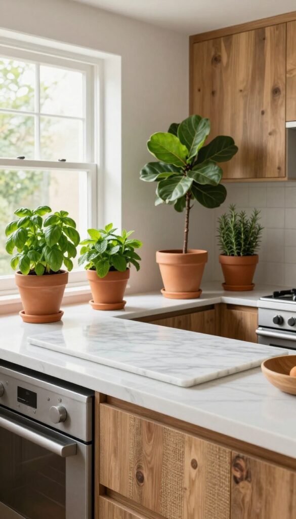 Kitchen decor with biophilic design: window herb garden in terracotta pots, potted Fiddle Leaf Fig in corner, and natural materials like marble slab and jute runner.