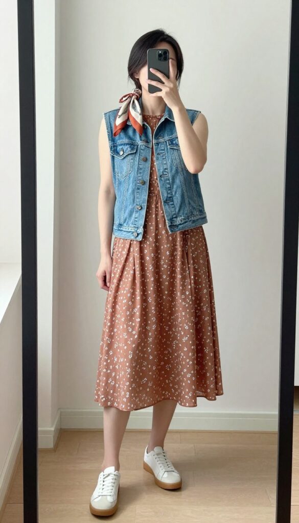 A woman wearing a sleeveless midi dress with a cropped denim jacket, suitable for casual summer outings.