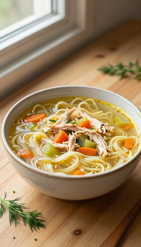 A bowl of homestyle Jewish chicken noodle soup with clear broth, noodles, chicken, and vegetables, in natural light.