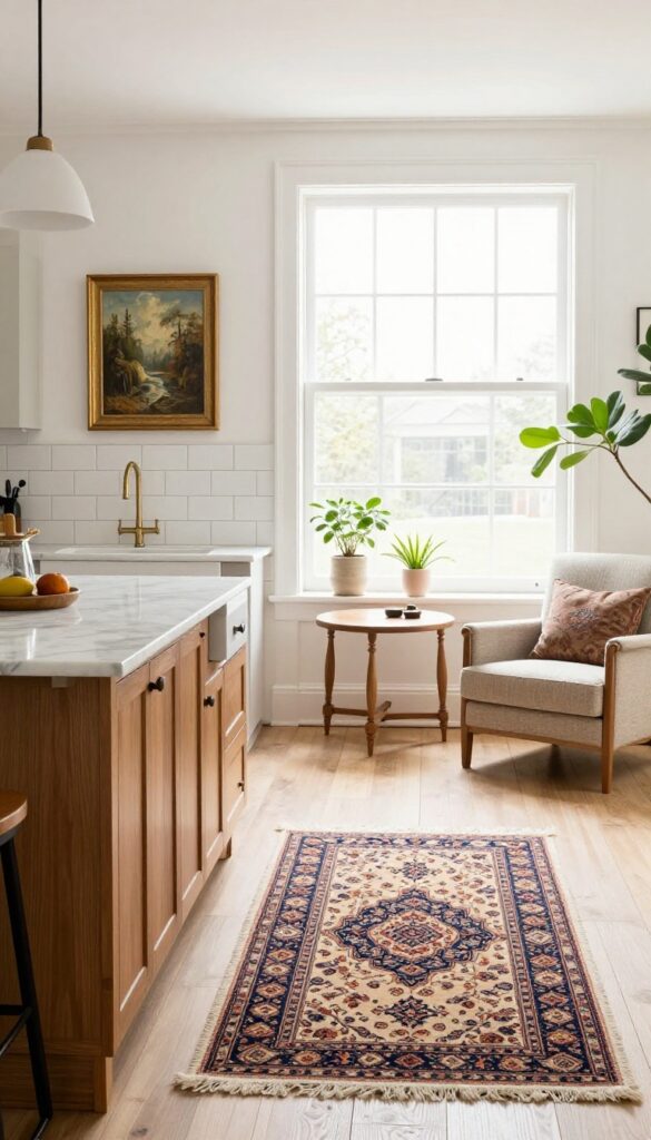A modern kitchen designed like a living room, with a vintage rug, countertop art, and furniture-style island details under bright natural light.