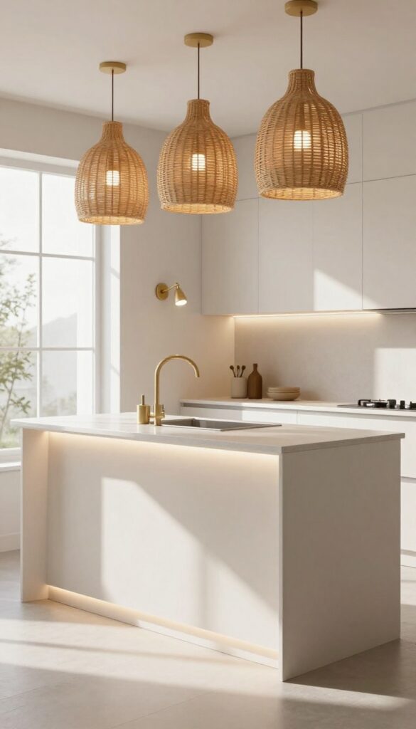Kitchen with statement lighting including oversized rattan pendants, under-cabinet LED glow, and a brass swing-arm sconce over shelving, in bright natural light.