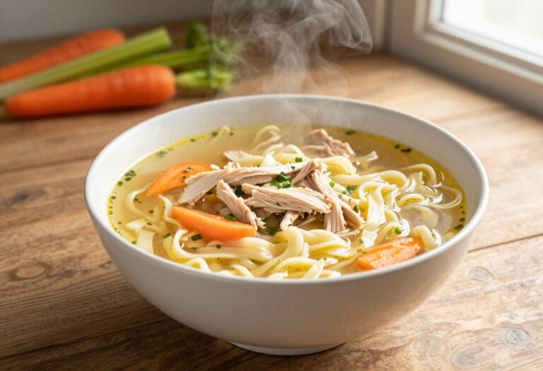 A bowl of classic chicken noodle soup with golden broth, shredded chicken, and vegetables, representing soul-warming recipes in a bright, natural setting.