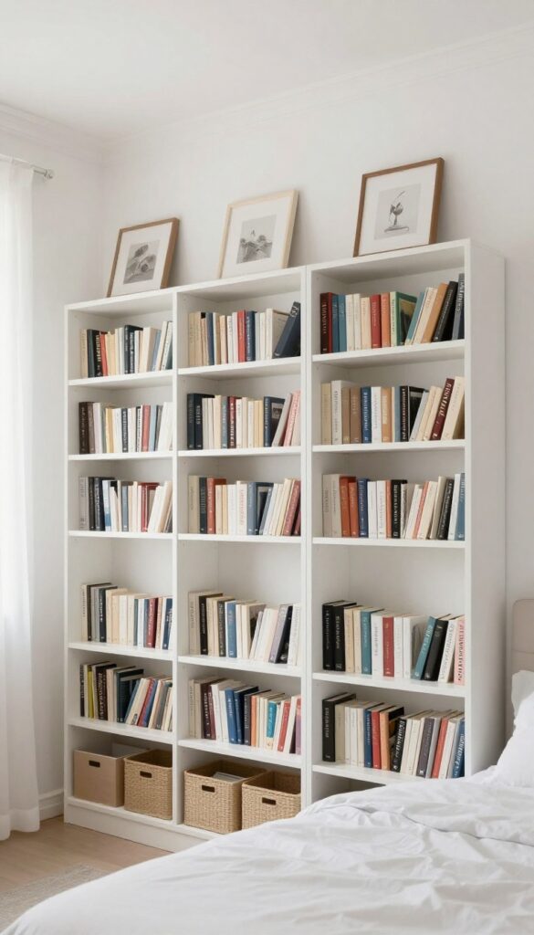 A bright, photorealistic bedroom showcasing vertical decor ideas: tall bookshelves, floor-to-ceiling curtains, vertically stacked art, and a tall headboard to maximize space in a small room.