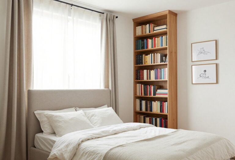 A small bedroom decorated with vertical space-saving ideas, including tall headboard, floor-to-ceiling curtains, and vertical art arrangement in bright natural light.