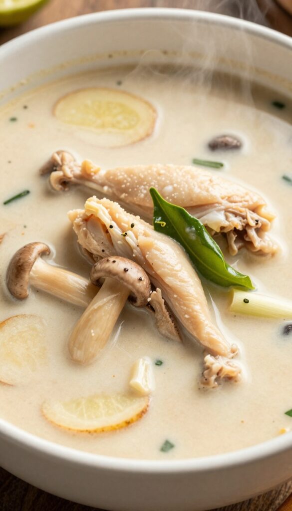 A bowl of Thai coconut Tom Kha Gai soup with chicken, mushrooms, and aromatic herbs in creamy broth, photographed in natural light.