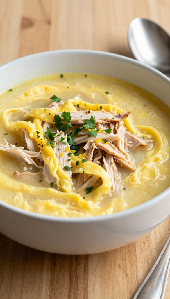 A bowl of Italian stracciatella chicken soup with egg ribbons and shredded chicken in broth, garnished with parsley and lemon zest