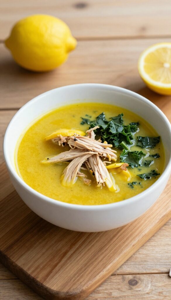 A bowl of golden turmeric chicken soup with shredded chicken, kale, and coconut milk, garnished with a lemon wedge, in bright natural light.