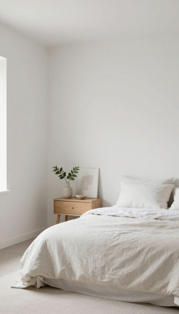 A small bedroom with light monochromatic paint in soft white or pale greige, showcasing how light colors reflect natural light to make the space feel larger and more open.