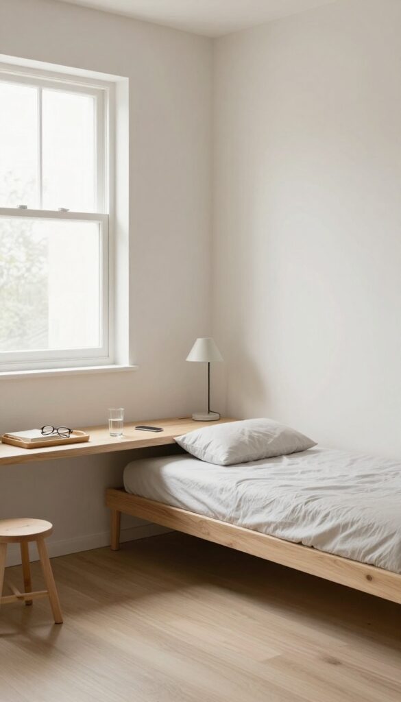 A small bedroom with no traditional nightstand, featuring alternative surfaces like a floating shelf and windowsill for items.