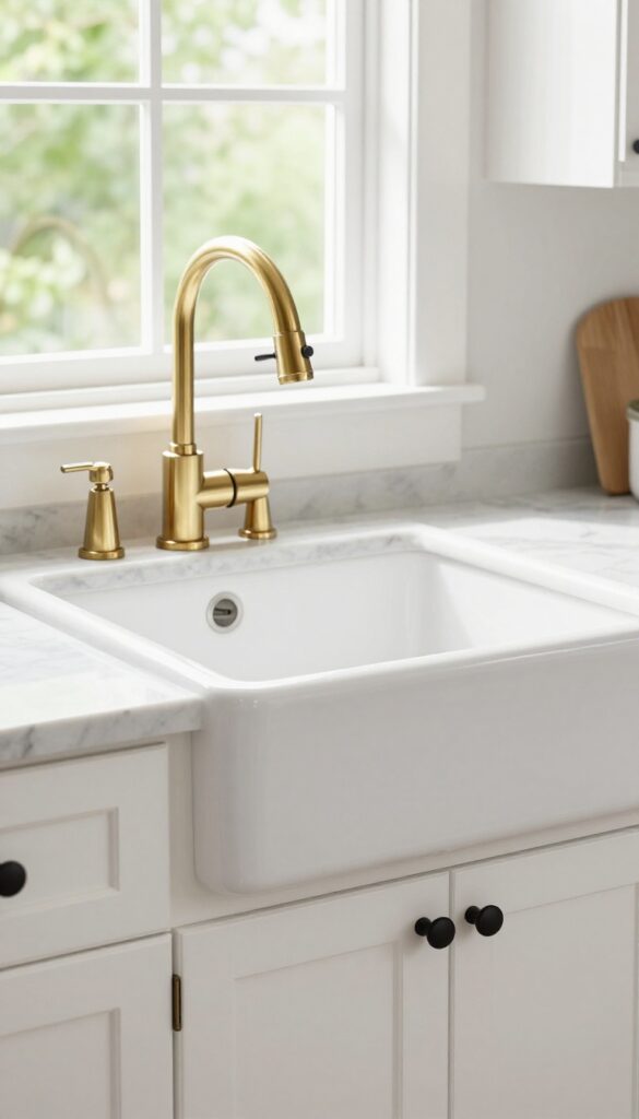 A kitchen sink area featuring a brushed brass bridge faucet and matte black cabinet pulls, showcasing mixed metals and long appliance pulls for a refreshed, high-end look in bright natural light.