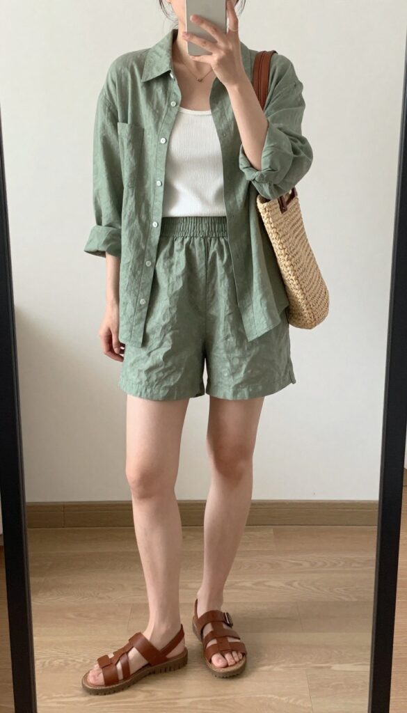 A woman wearing a casual summer linen matching set with accessories, styled for comfort and style in a relaxed setting.