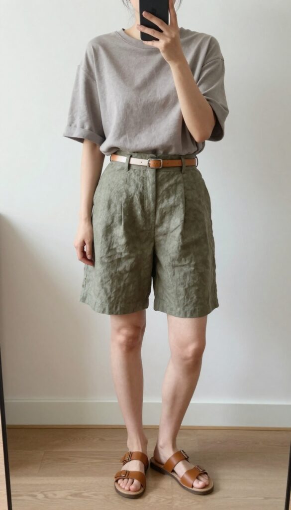 A woman wearing high-waisted linen shorts and a boxy cotton tee with a leather belt, slide sandals, and a canvas tote, exuding a cool, effortless summer style.