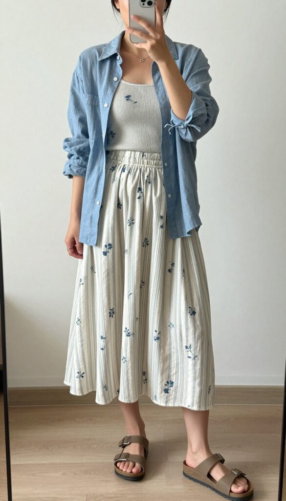 A woman wearing a wrap skirt and tank top with a chambray shirt and sandals, styled for a casual summer outfit.