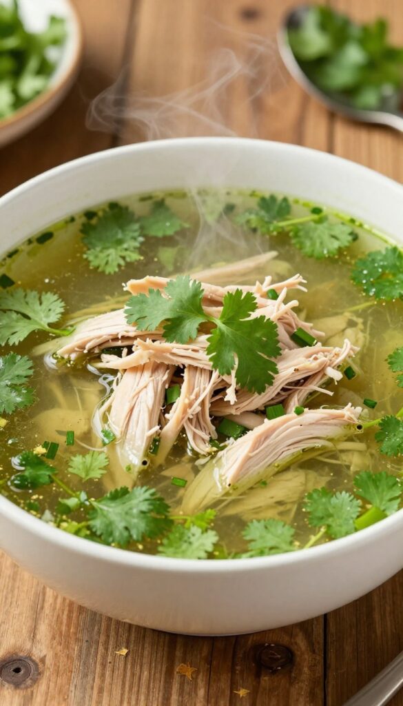A bowl of Herby & Bright Green Goddess Chicken Soup with a vibrant green broth, shredded chicken, and fresh herbs, served on a wooden table.