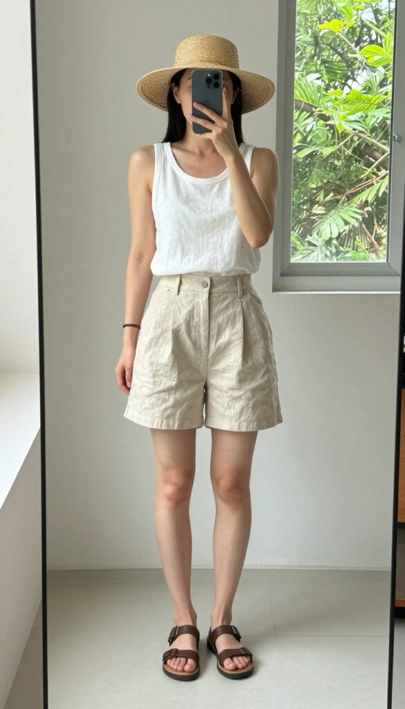 A woman wearing a white linen tank top and beige linen shorts with leather sandals and a straw hat, enjoying a casual summer day outdoors.