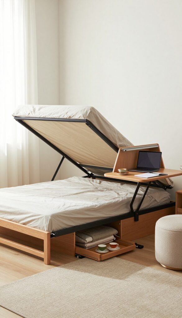 A small bedroom showcasing multifunctional furniture including a storage bed frame, bench with hidden storage, wall-mounted drop-leaf desk, and ottoman with tray, all in bright natural light.
