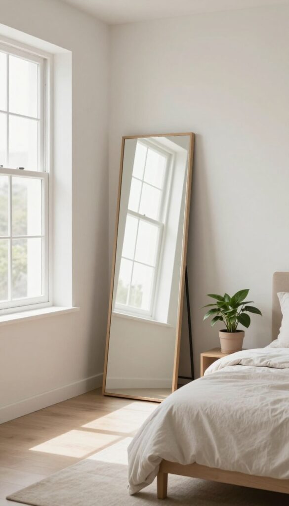 A small bedroom with a large floor-leaning mirror reflecting natural light from a window to create the illusion of more space.
