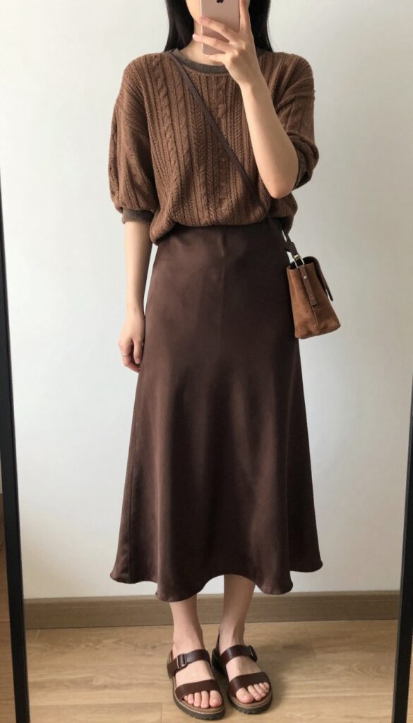 A woman wearing a dark silk midi skirt with a graphic t-shirt, leather sandals, and a suede crossbody bag, showcasing a casual summer outfit.