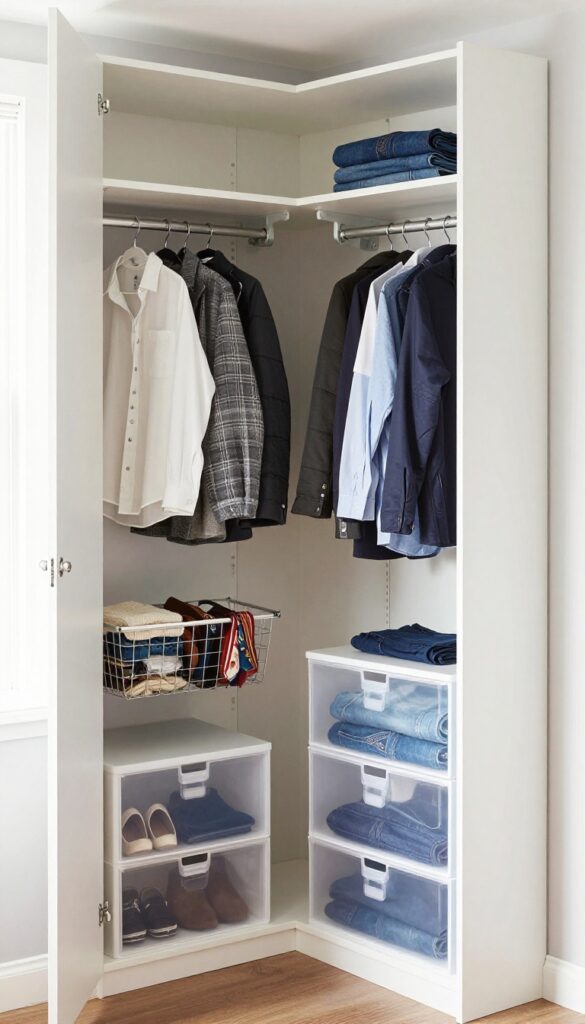 A well-organized small bedroom closet with double hanging rods, over-the-door organizer, pull-out baskets, and storage units to maximize space without renovation.